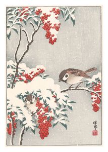 Nanten Bush and Sparrows in Snow (tentative title) / Ohara Koson (Shoson)