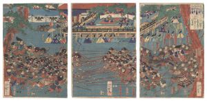 芳艶｢右大将頼朝公一の谷に楯篭る平家を攻落さんと範頼義経を両将と定めて長短の鎗をもつて手練の駈引を上覧の図｣