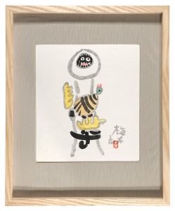 自筆画色紙 鳥と山男 / 畦地梅太郎