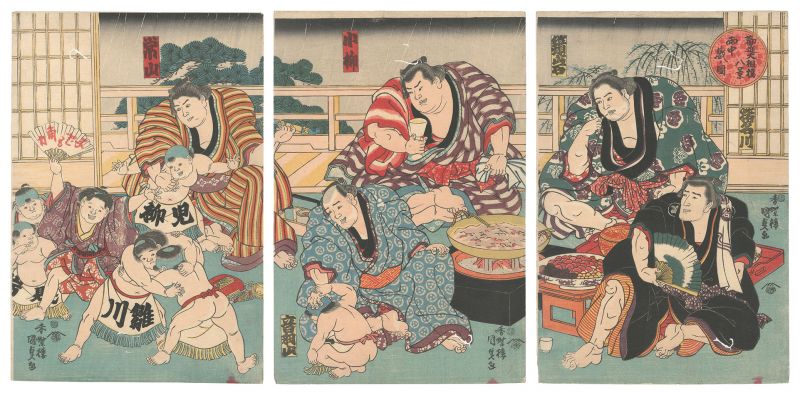 国貞初代「勧進大相撲八景　雨中戯ノ図」