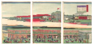 従京橋銀座通煉瓦石附汐留蒸気車遠景図　／　国輝二代