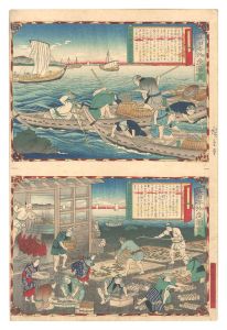 Famous Products of Japan / Tsushima Province: Catching Sea Cucumbers; Making Dried Sea Cucumbers / Hiroshige III
