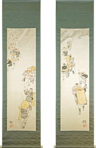 肉筆双幅　不二登山・下山の図 ／ 吉田博