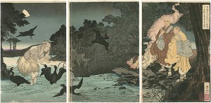 日蓮上人石和河にて鵜飼の迷魂を済度したまふ図 ／ 芳年